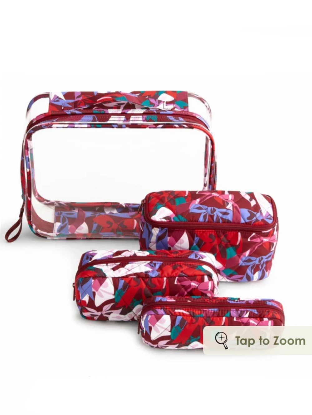 NWT Vera Bradley 4-Piece Makeup/Cosmetic Case Bow Show Pattern Pink Red Burgundy